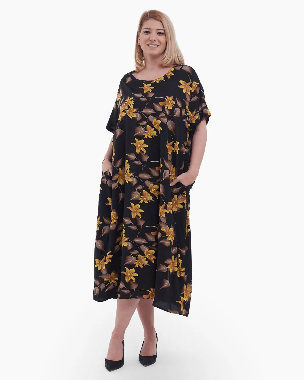 Rochii - Rochie lunga de vara vaporoasa cu imprimeu floral delicat maneci scurte si buzunare ascunse din viscoza fluida stil casual negru
