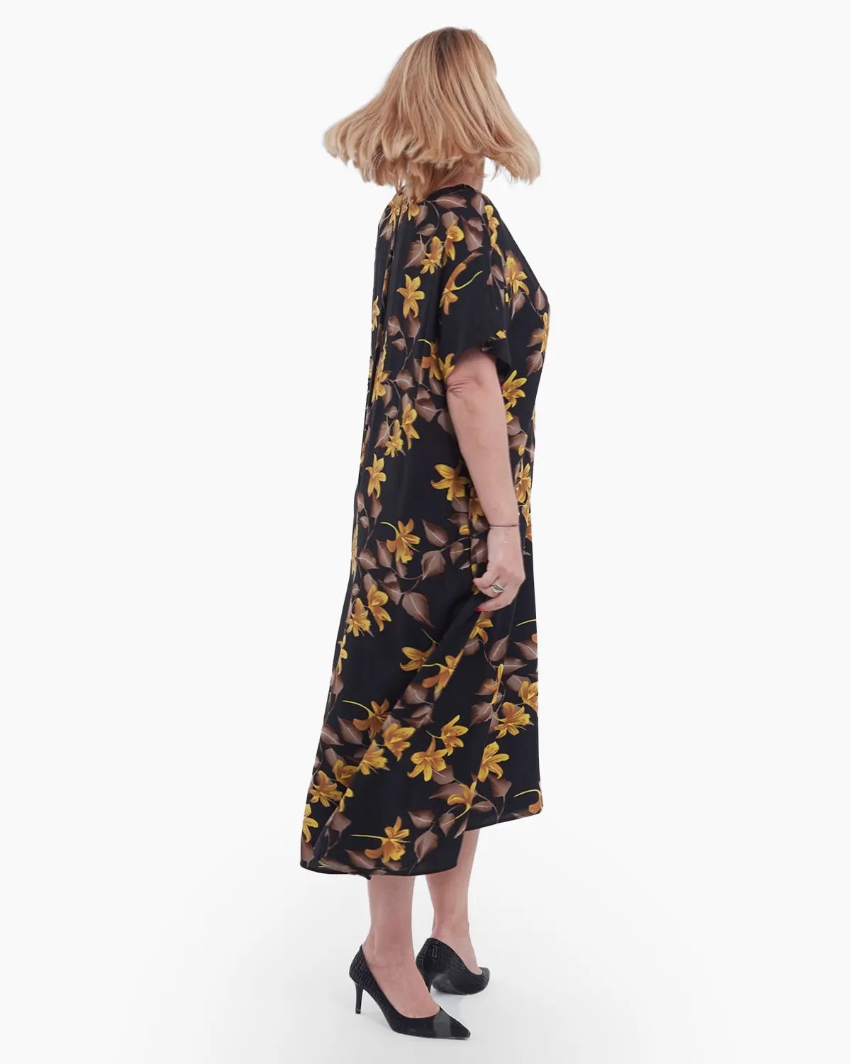 Rochie lunga de vara vaporoasa cu imprimeu floral delicat maneci scurte si buzunare ascunse din viscoza fluida stil casual negru [3]