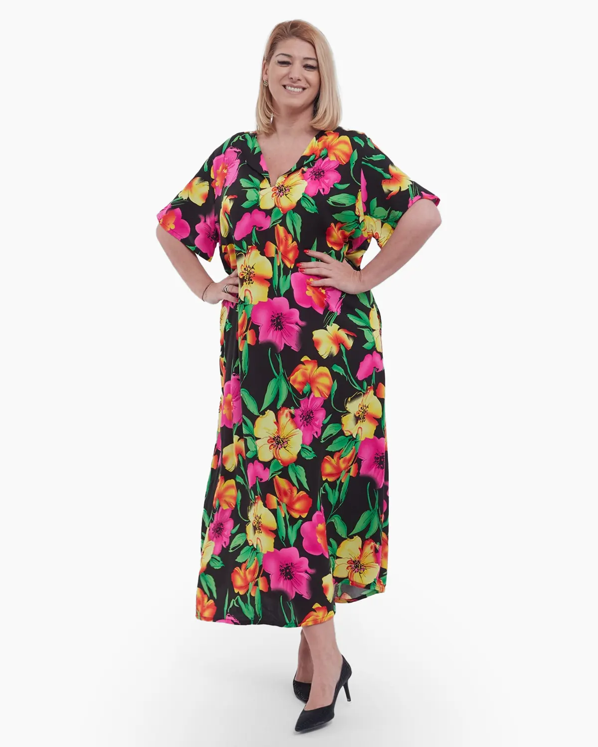 Rochii - Rochie lunga de vara vaporoasa cu imprimeu floral vibrant decolteu in V si croi lejer A din viscoza potrivita oricarei siluete multi