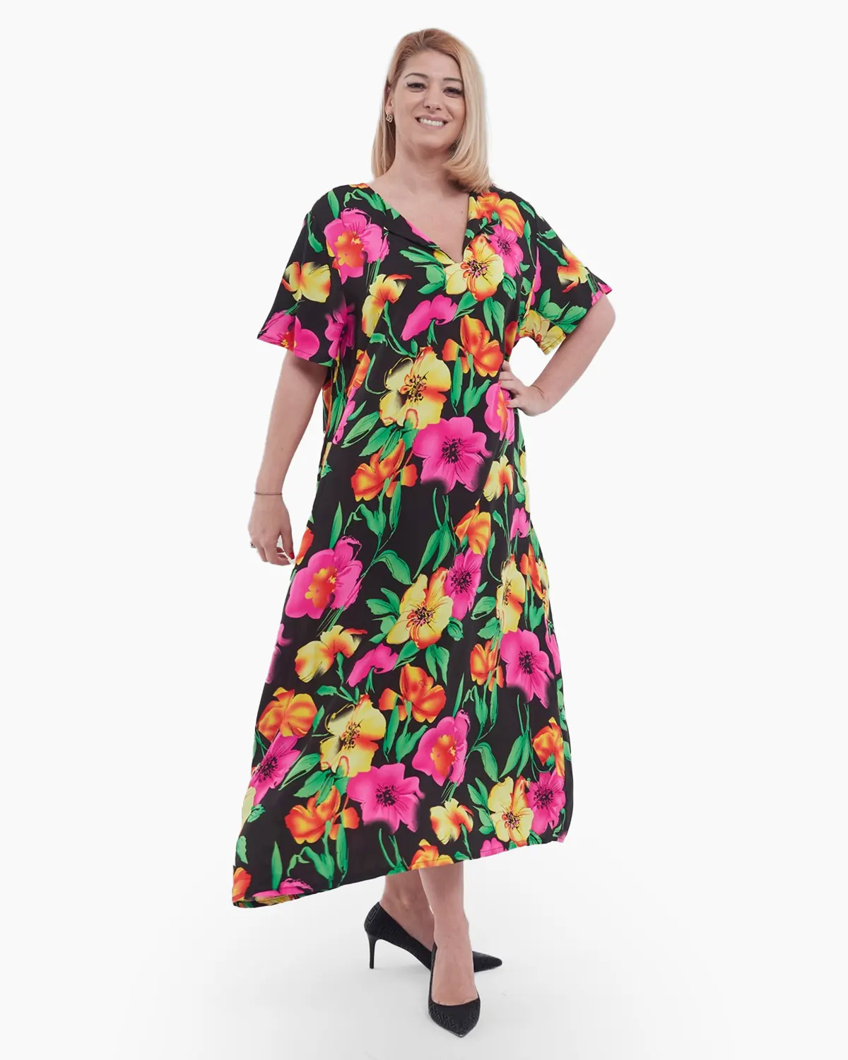 Rochie lunga de vara vaporoasa cu imprimeu floral vibrant decolteu in V si croi lejer A din viscoza potrivita oricarei siluete multi [1]