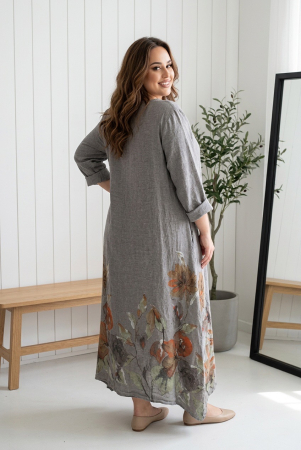 Rochie lunga maxi din in, cu imprimeu floral pictat, bej fango [1]