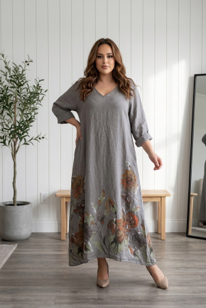 Rochii din Mătase Mărimi Mari - Rochie lunga maxi din in, cu imprimeu floral pictat, bej fango