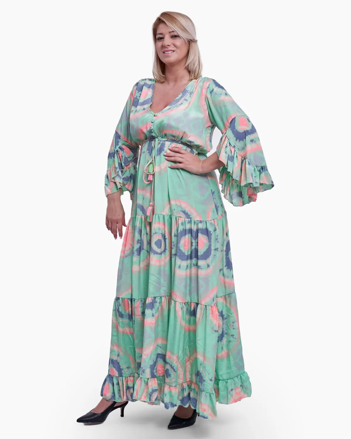 Rochie lunga din matase indiana, fond vernil [3]
