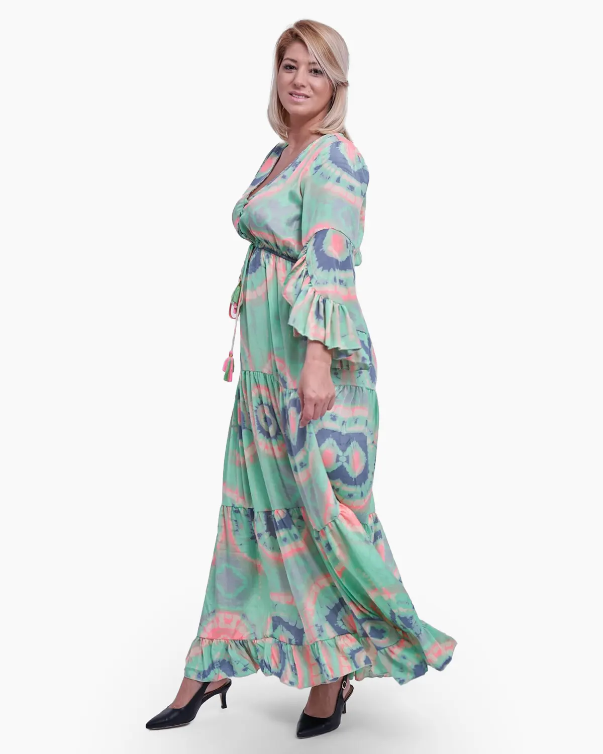 Rochie lunga din matase indiana, fond vernil [2]