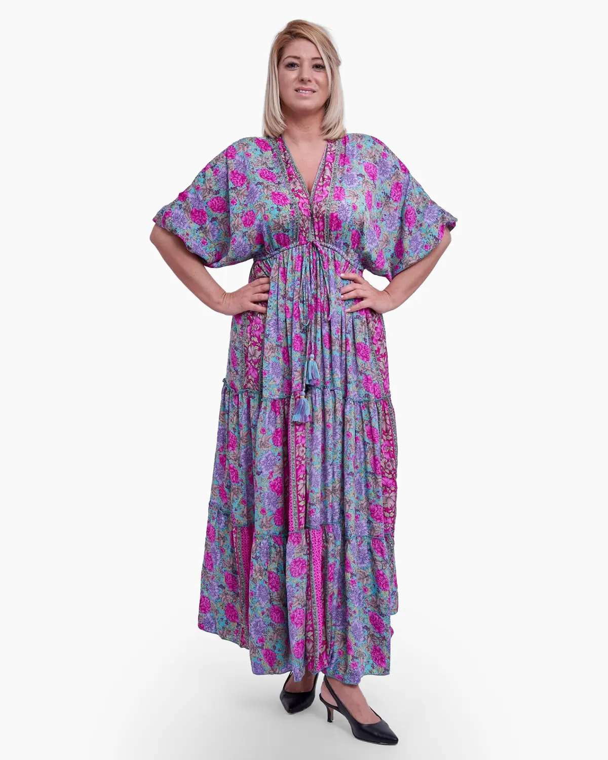 Rochii din Mătase - Rochie lunga din matase indiana, imprimeu floral, lila cu roz, cu volane ample