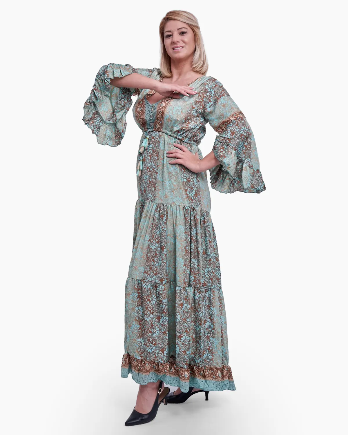 Rochie lunga din matase indiana, imprimeu floral, turcoaz si maro [1]