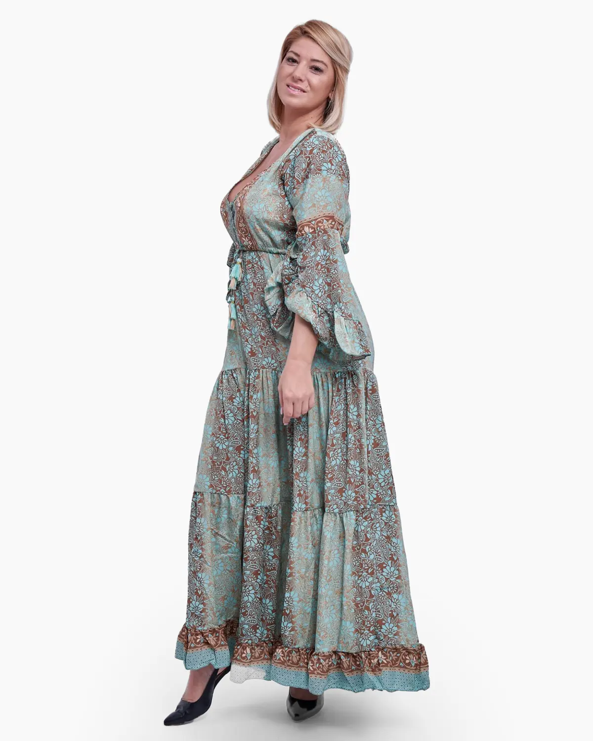 Rochie lunga din matase indiana, imprimeu floral, turcoaz si maro [2]