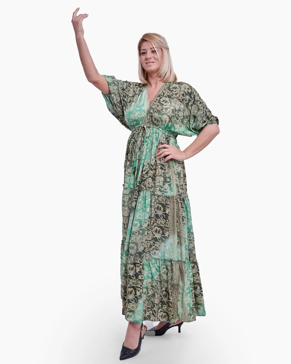 Rochii din Mătase - Rochie lunga din matase indiana, imprimeu floral, verde, cu volane ample