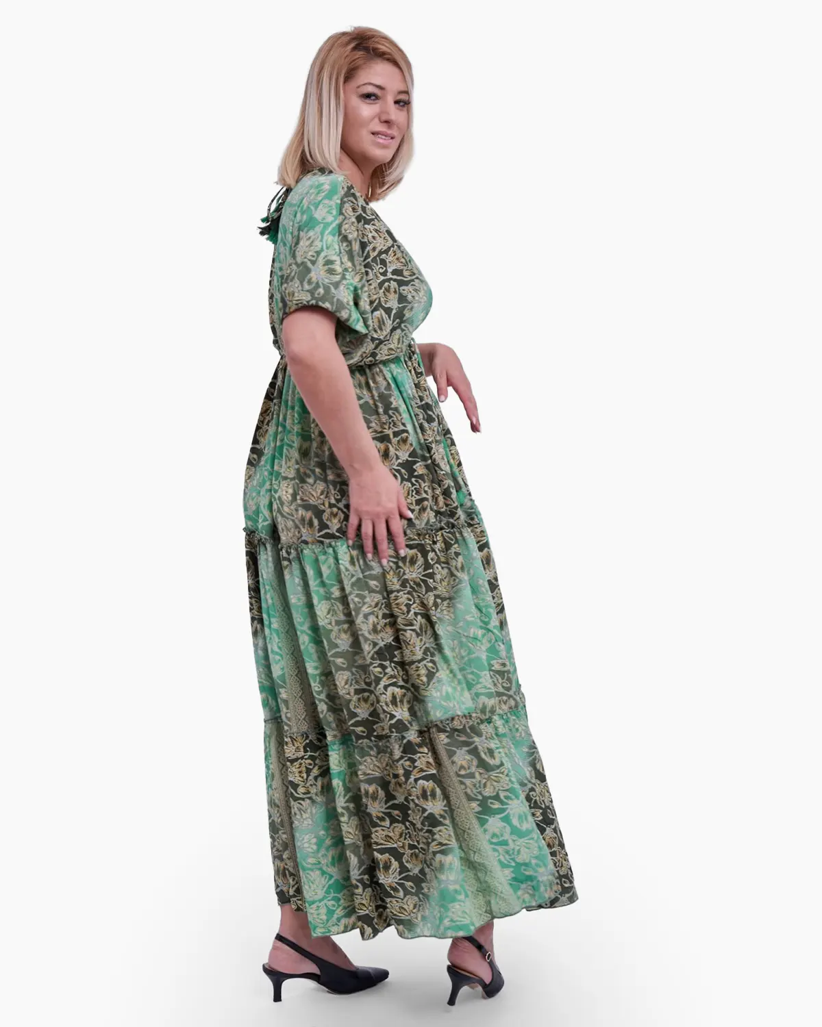 Rochie lunga din matase indiana, imprimeu floral, verde, cu volane ample [1]