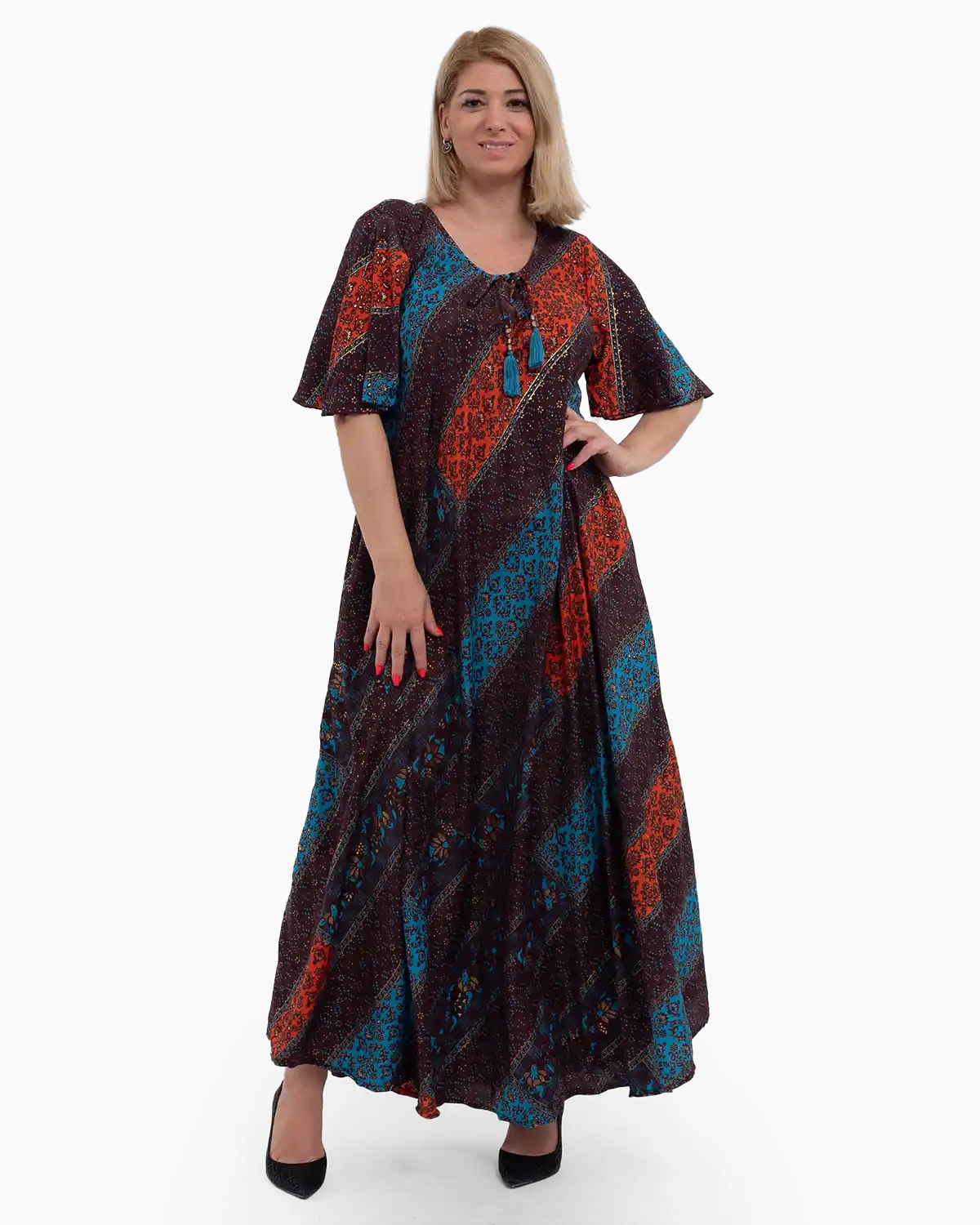 Rochii din Mătase - Rochie lungă din mătase multicoloră croi A