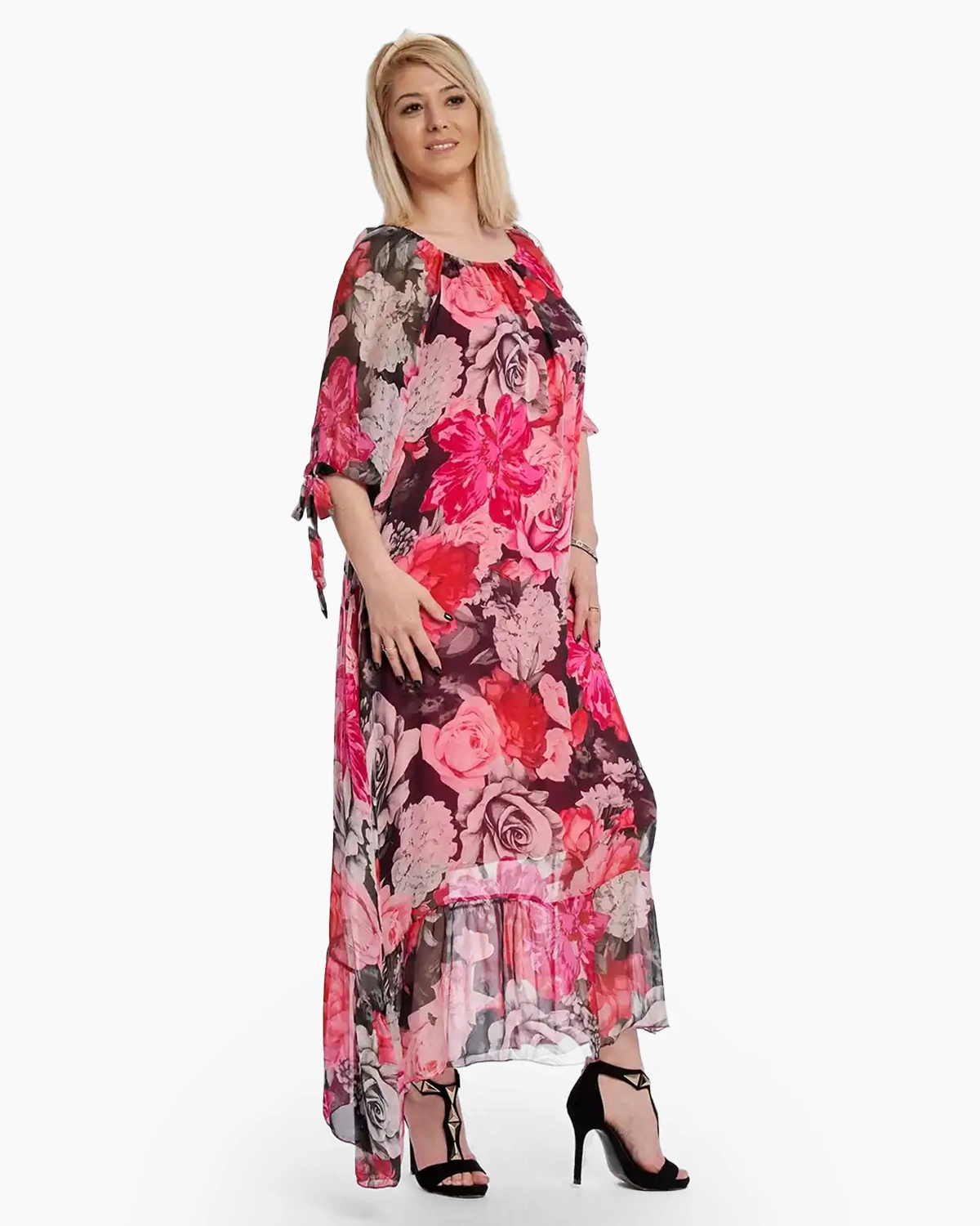 Rochie lunga, din matase pe fond negru cu roz, imprimeu floral [1]