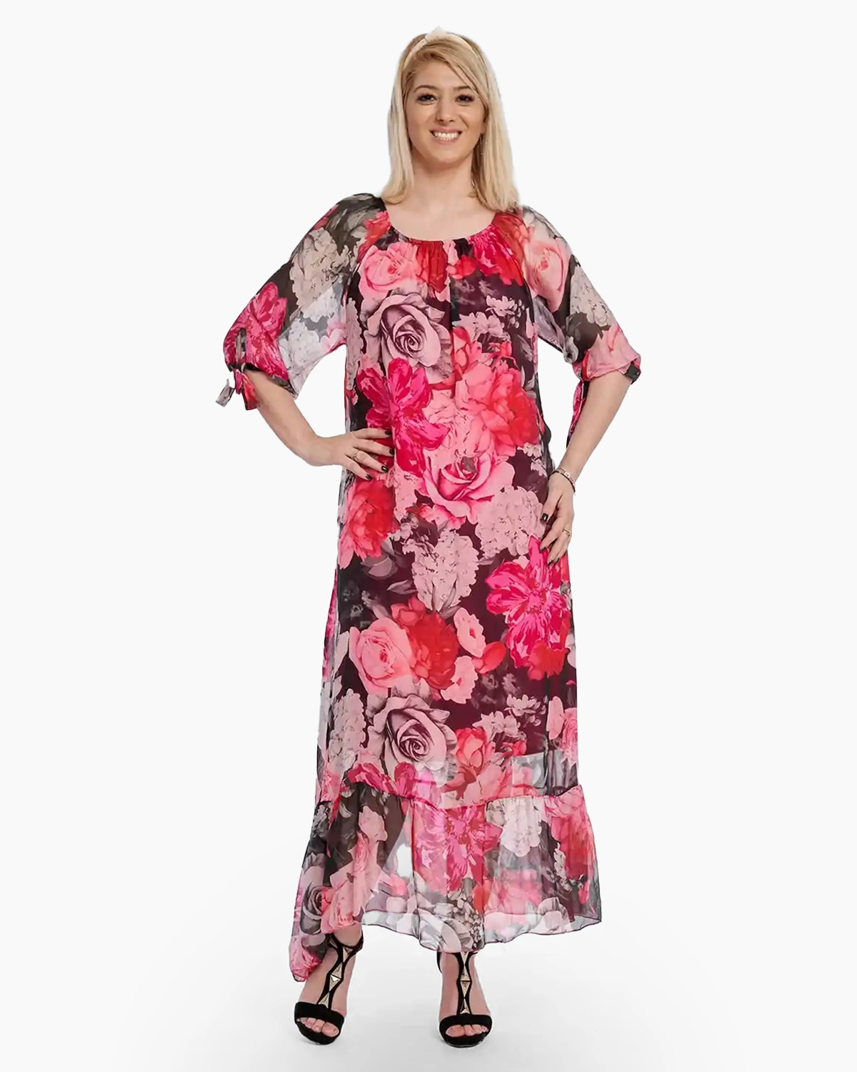 Rochii din Mătase - Rochie lunga, din matase pe fond negru cu roz, imprimeu floral