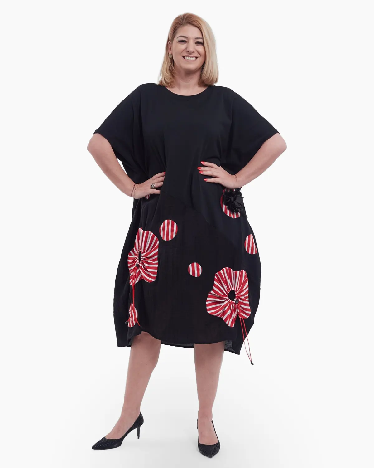 Mărimi mari - Rochie lunga eleganta casual de vara din bumbac cu umeri cazuti croi A-line lejer si imprimeu floral delicat in partea inferioara negru rosu