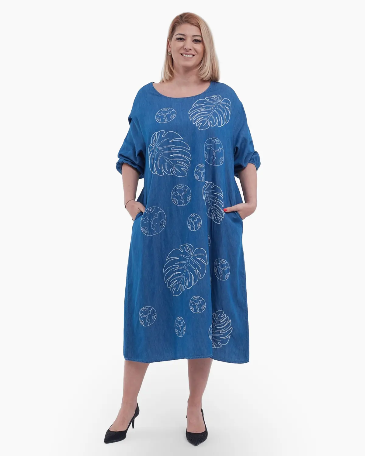 Rochie lunga eleganta de vara cu frunze monstera delicat brodate maneci trei sferturi din bumbac si lyocel albastru [3]
