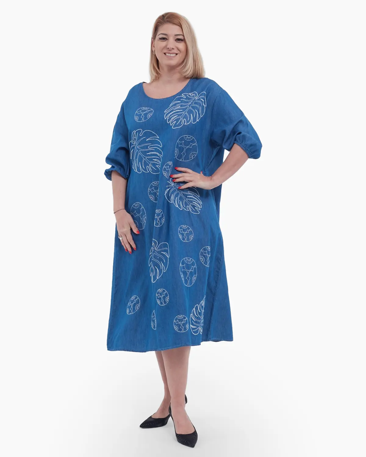 Rochii - Rochie lunga eleganta de vara cu frunze monstera delicat brodate maneci trei sferturi din bumbac si lyocel albastru