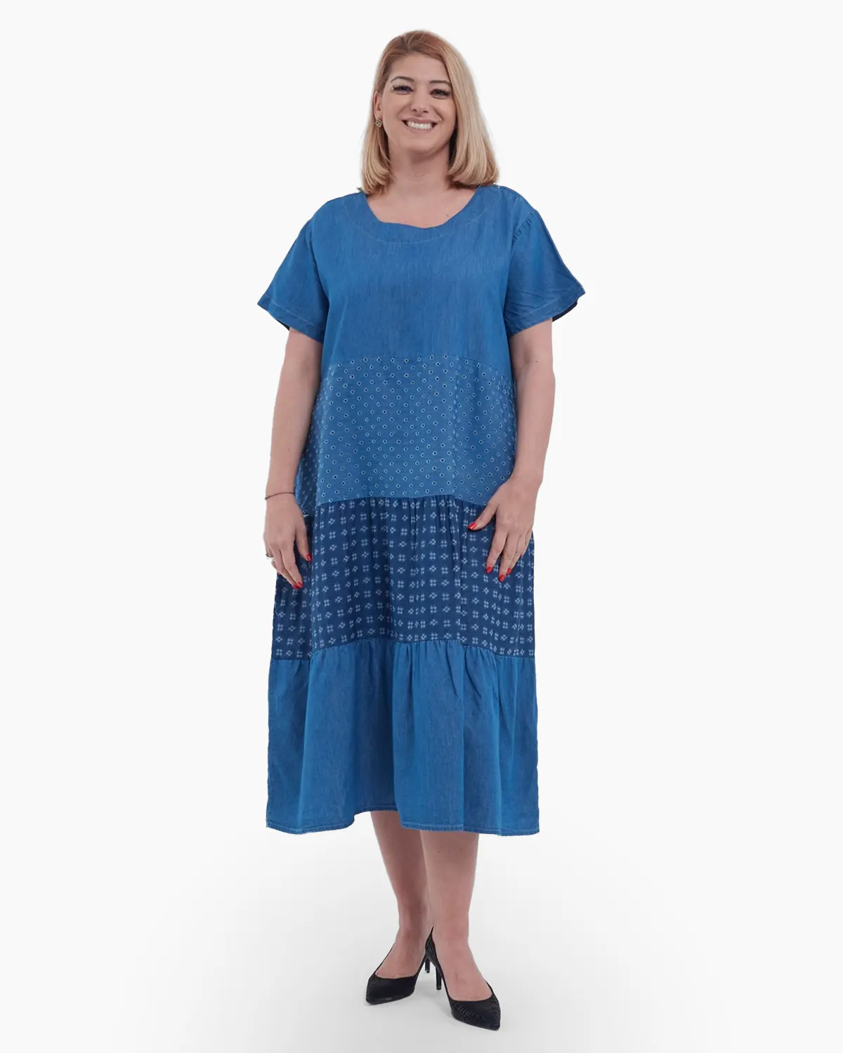 Rochii - Rochie lunga feminina de vara cu volane etajate aspect denim versatila si confortabila din bumbac si lyocell albastru