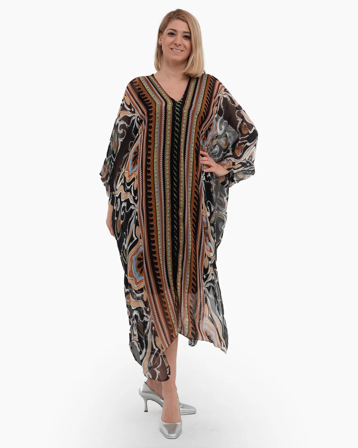 Rochii din Vâscoză - Rochie lungă fluidă tip poncho cu imprimeu vibrant neagră