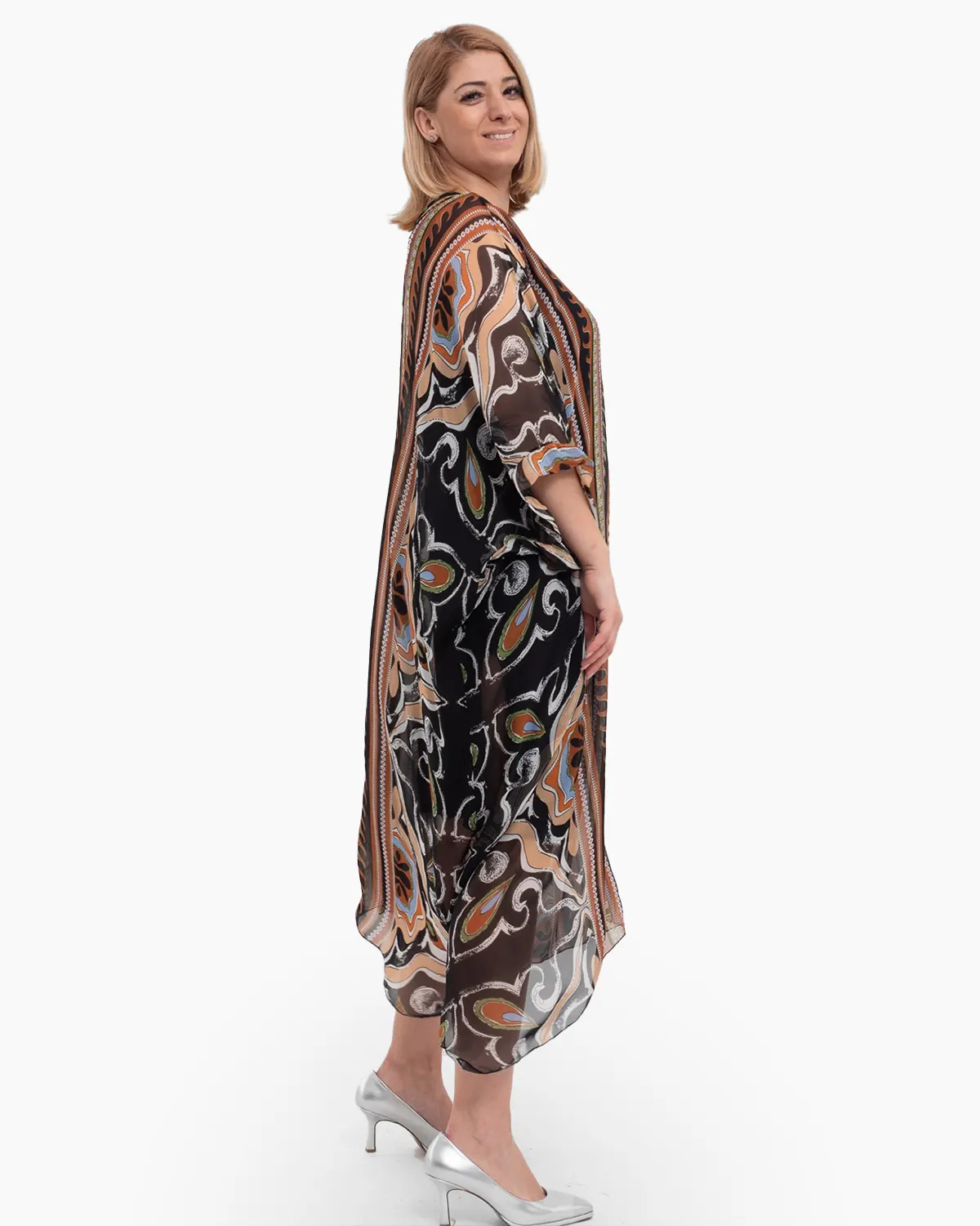 Rochie lungă fluidă tip poncho cu imprimeu vibrant neagră [2]
