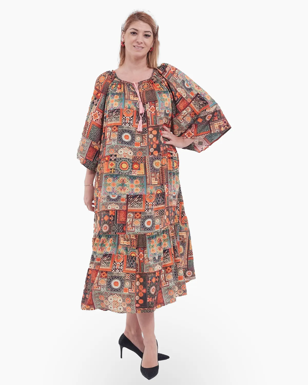 Rochie lungă grena vaporoasă stil boho cu decolteu pătrat și imprimeu mandala [2]