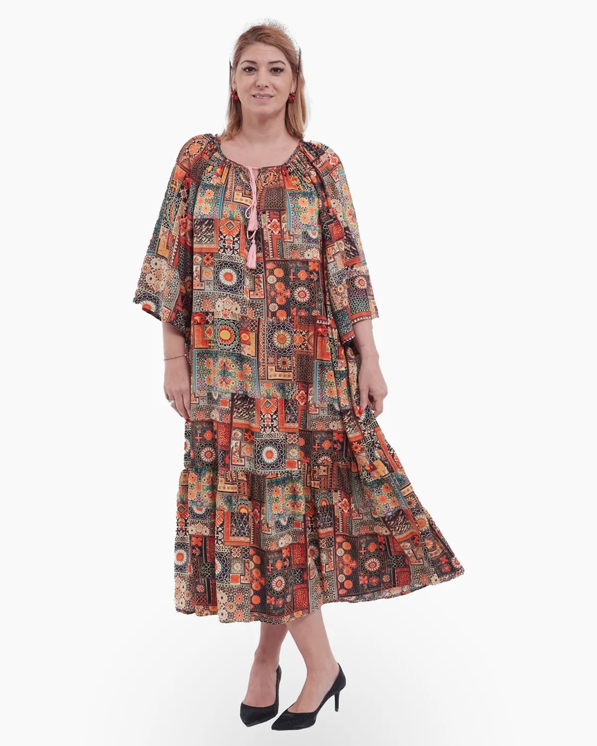 Rochii - Rochie lungă grena vaporoasă stil boho cu decolteu pătrat și imprimeu mandala