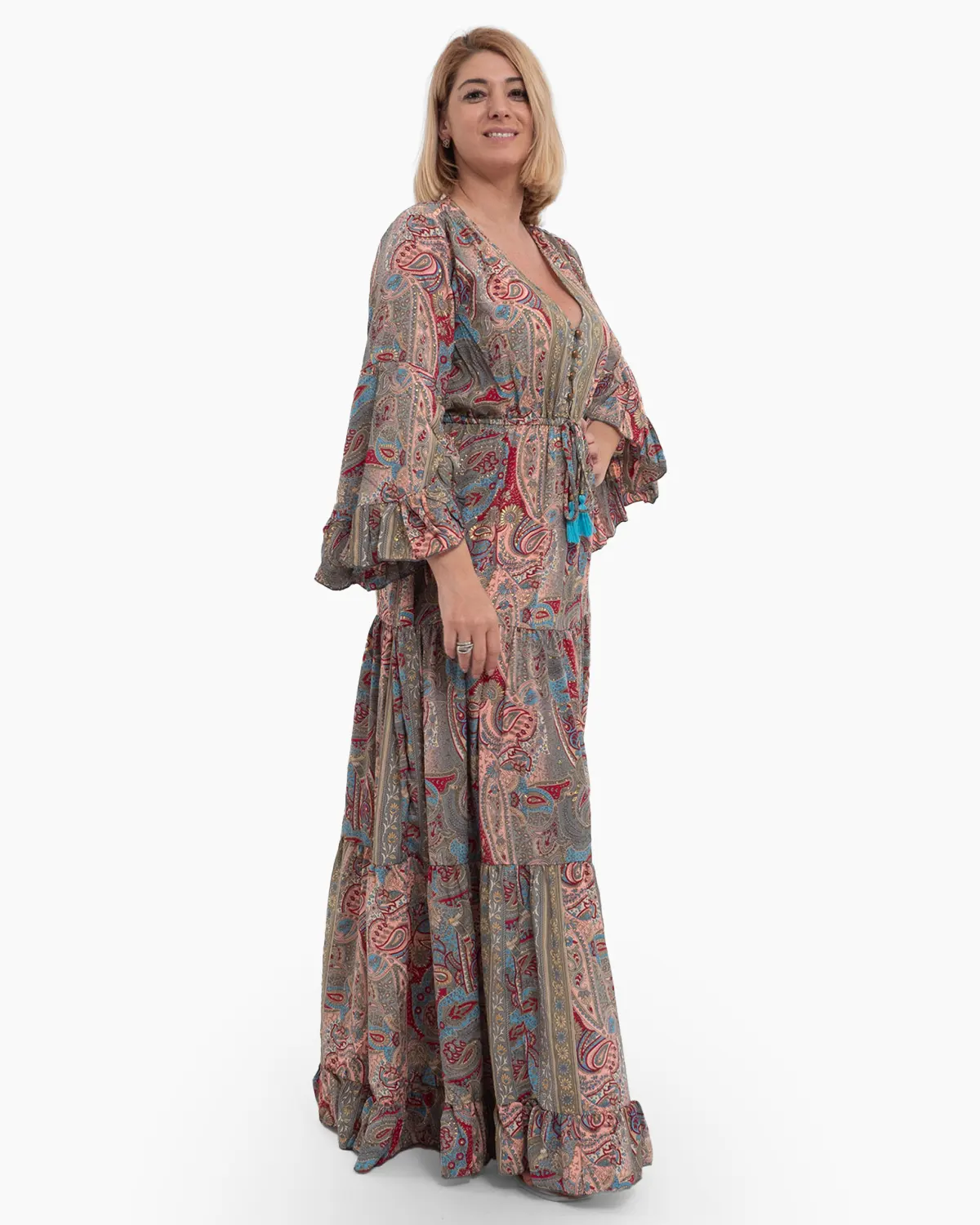 Rochie lungă gri din mătase indiană cu imprimeu arăbesc [2]