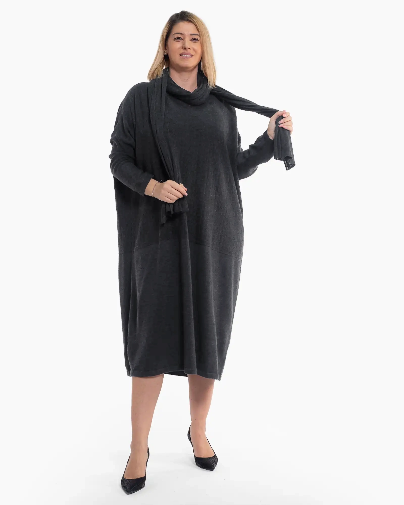 Rochie lungă gri din tricot de lână, cu eșarfă asortată [3]