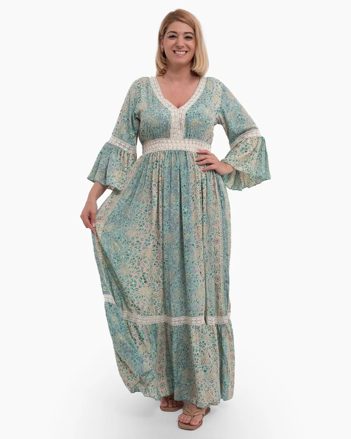 Rochii din Mătase - Rochie lungă indiană bleu cu broderie macrame și volane
