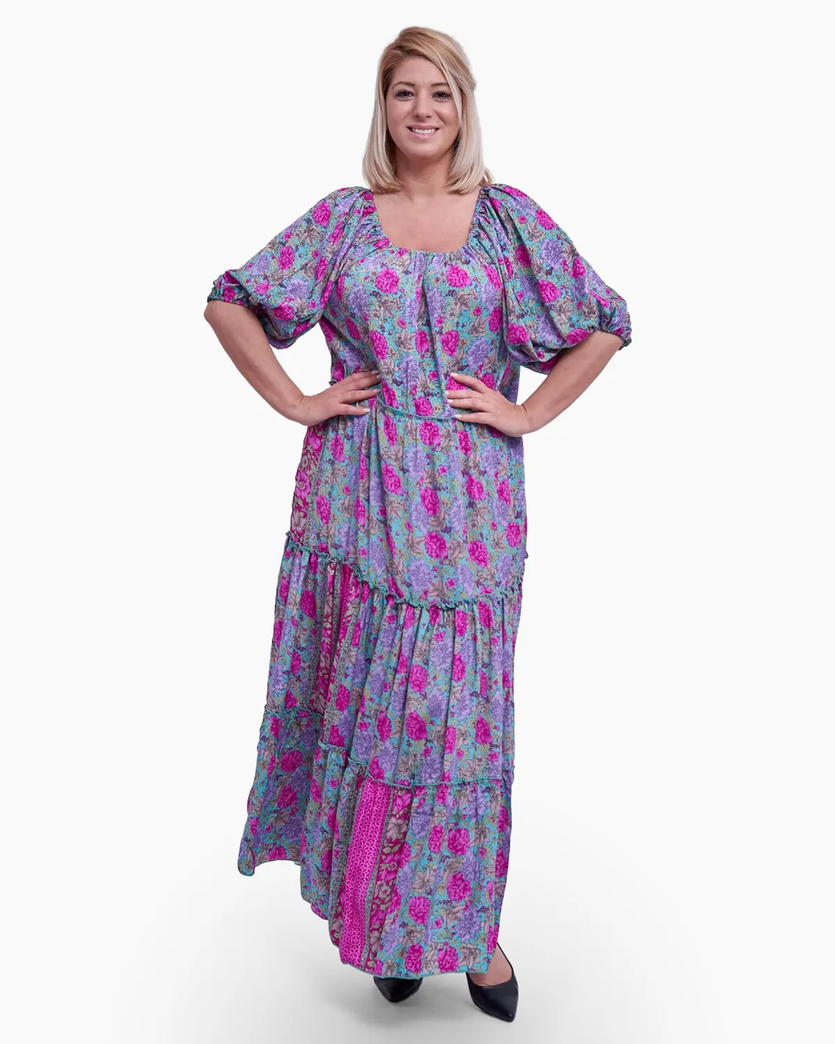 Rochie lunga indiana cu volane ample, imprimeu floral [1]