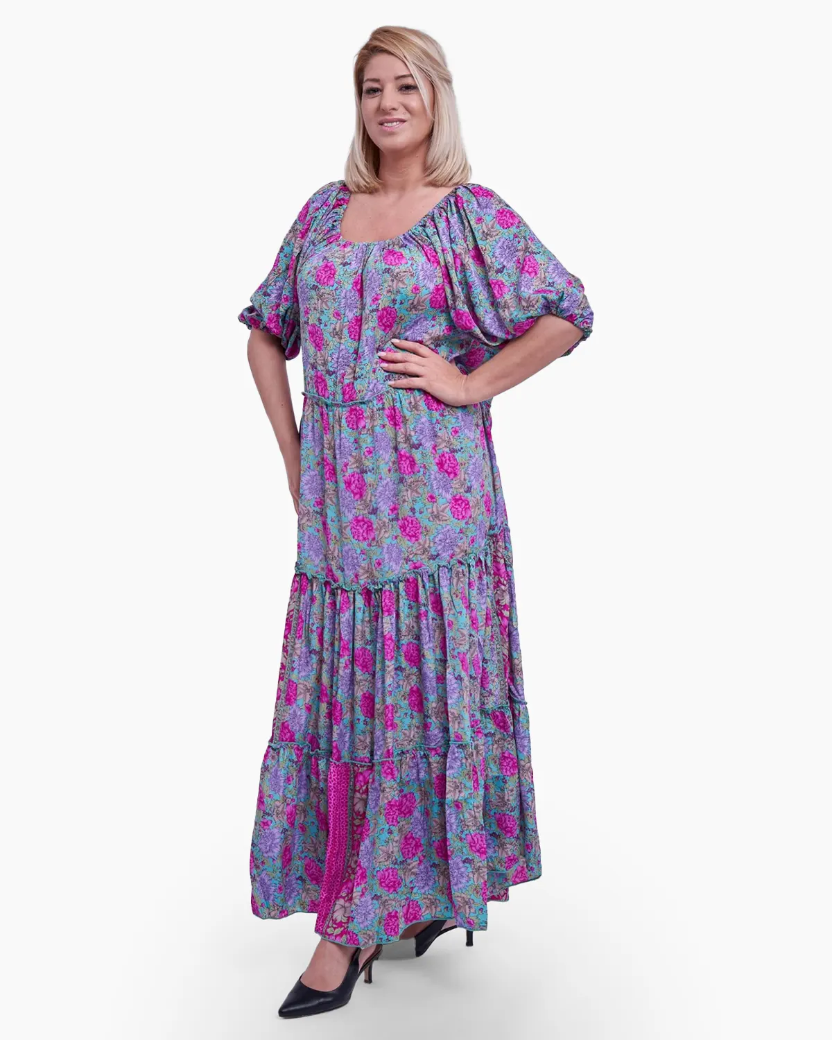 Rochii la Promoție - Rochie lunga indiana cu volane ample, imprimeu floral