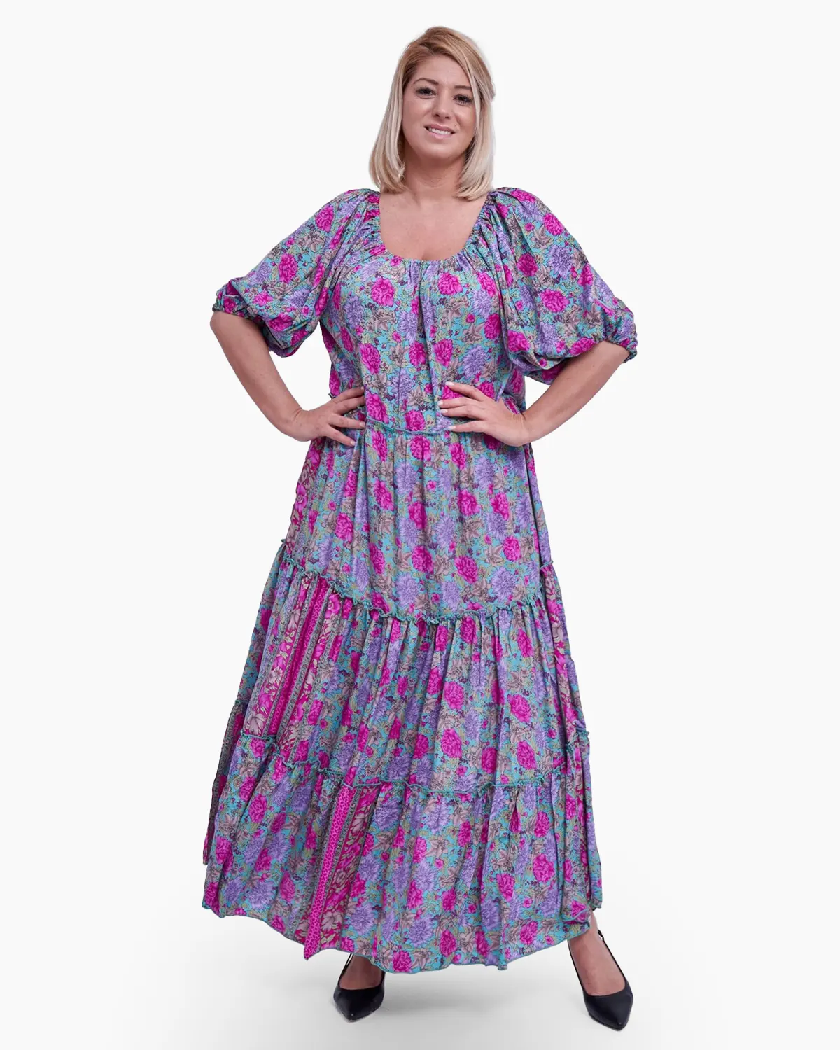 Rochie lunga indiana cu volane ample, imprimeu floral [2]
