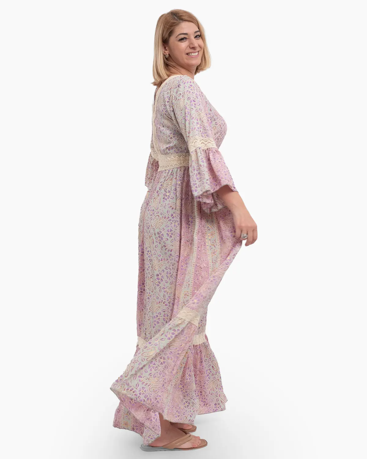 Rochie lungă indiană roz cu broderie macrame și volane [4]