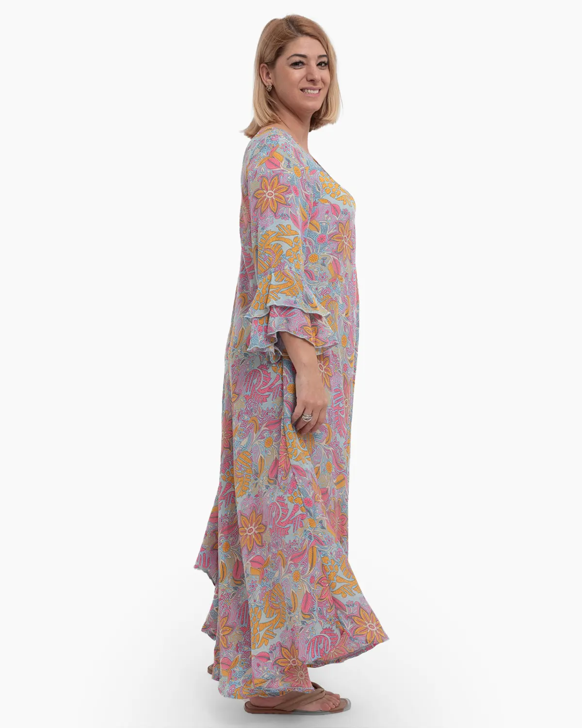 Rochie lungă multicoloră cu croială largă și volane la mâneci [3]
