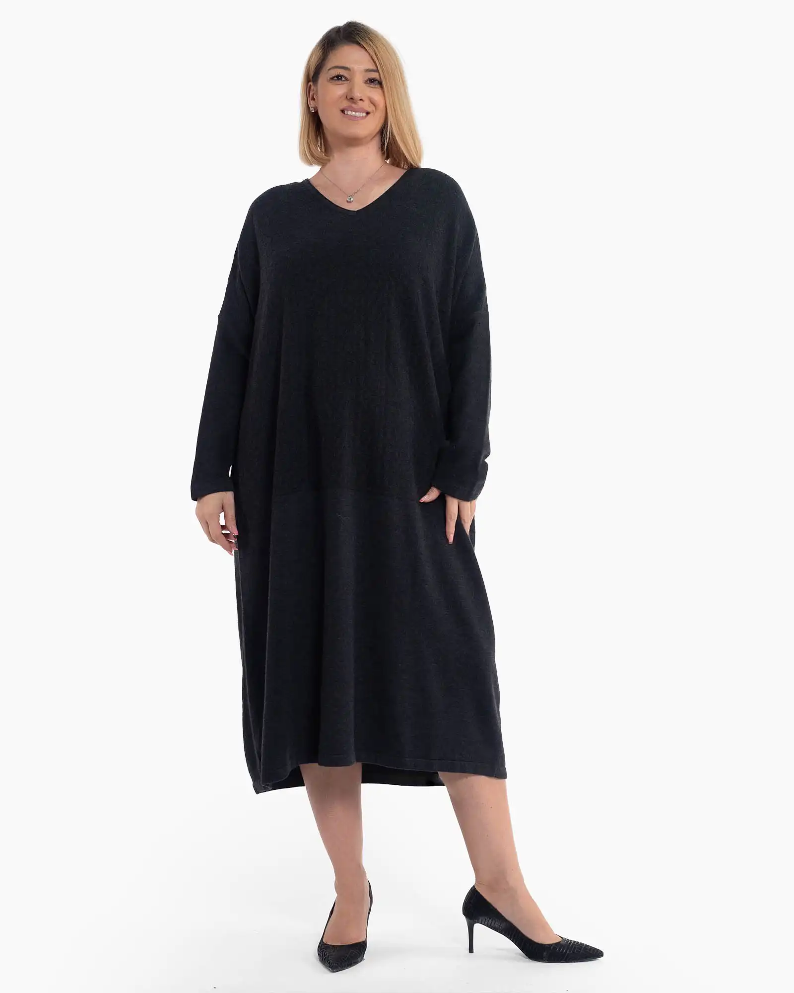 Rochie lungă neagră din tricot de lână, cu eșarfă asortată [3]