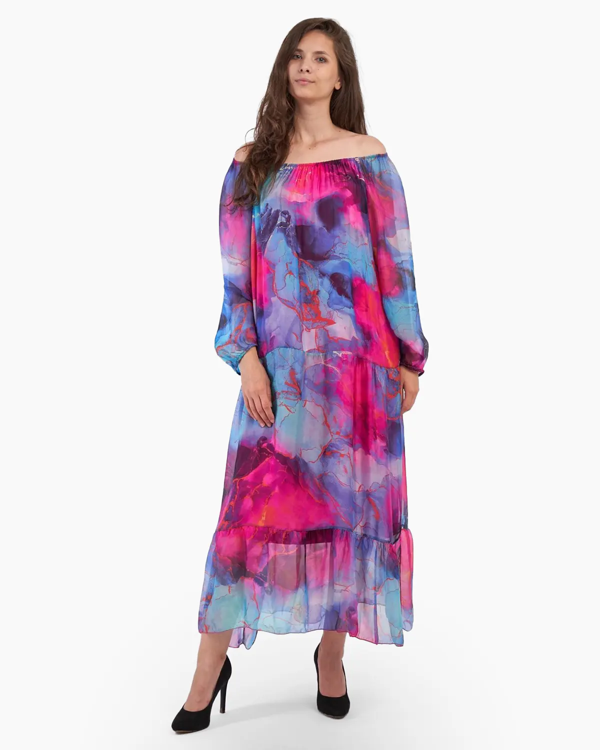 Rochii din Mătase - Rochie lunga, pe fond bleu-fucsia, din matase
