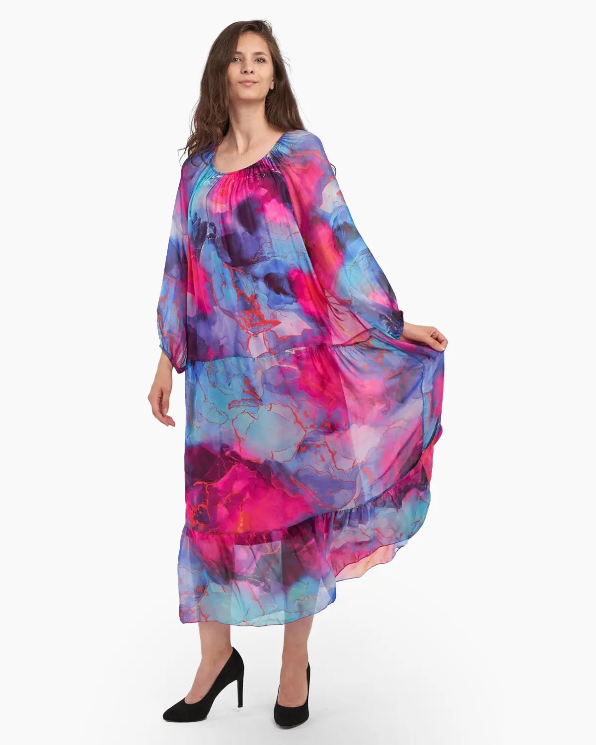 Rochie lunga, pe fond bleu-fucsia, din matase [1]