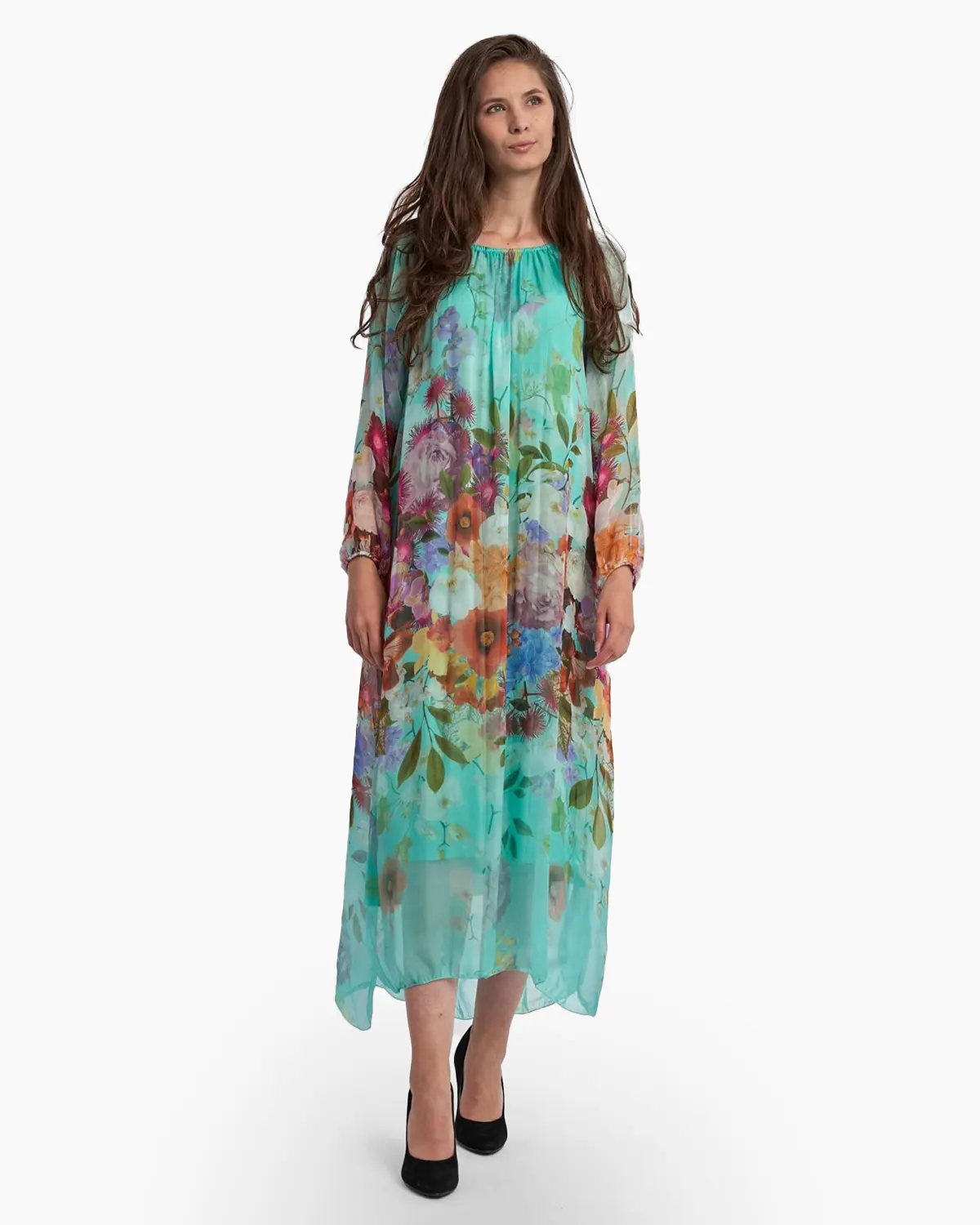 Rochii din Mătase - Rochie lunga, pe fond turcoaz din matase cu flori multicolore