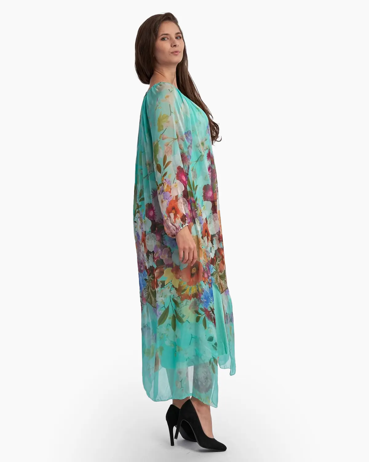 Rochie lunga, pe fond turcoaz din matase cu flori multicolore [1]