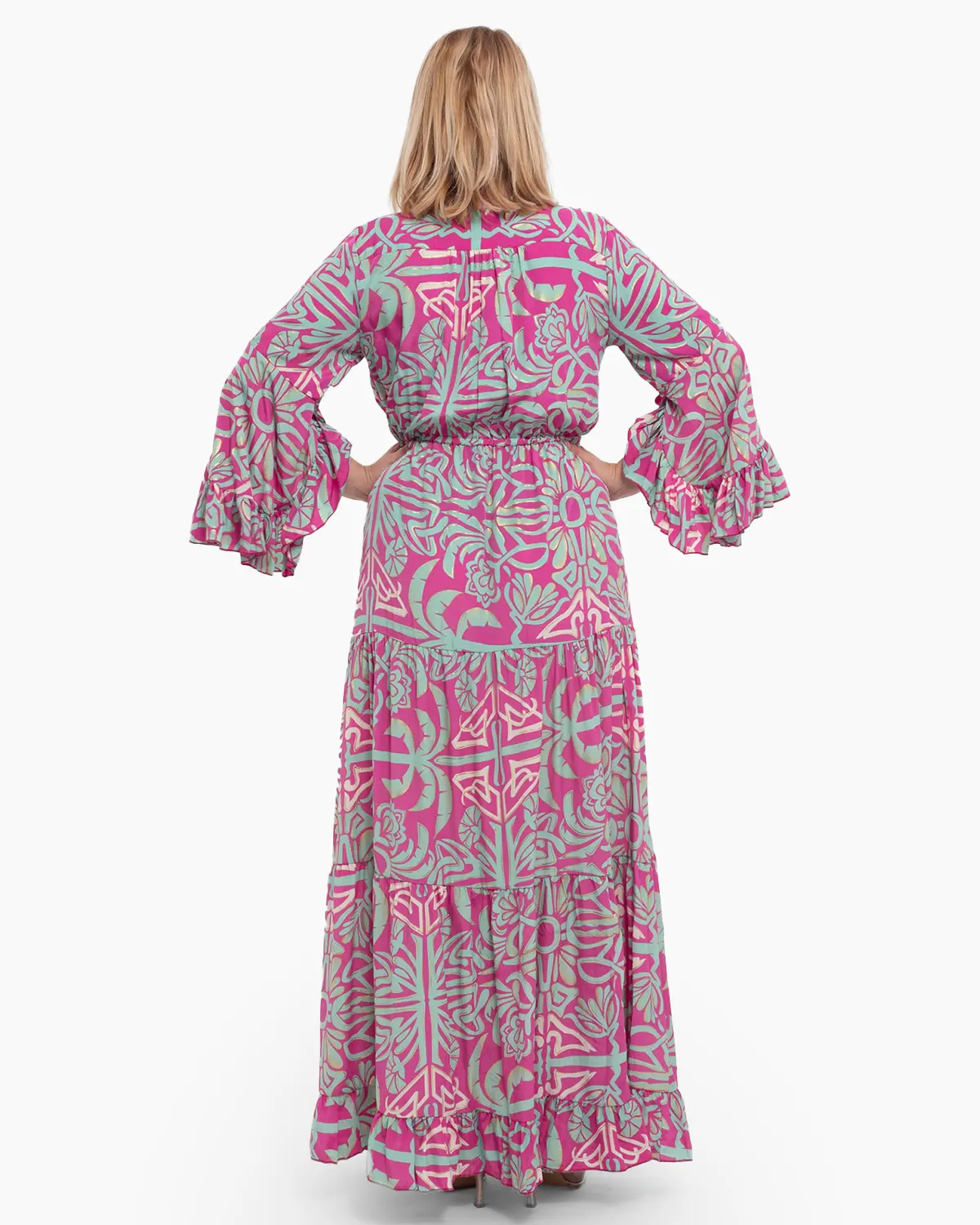 Rochie lungă roz din mătase indiană cu imprimeu floral [1]