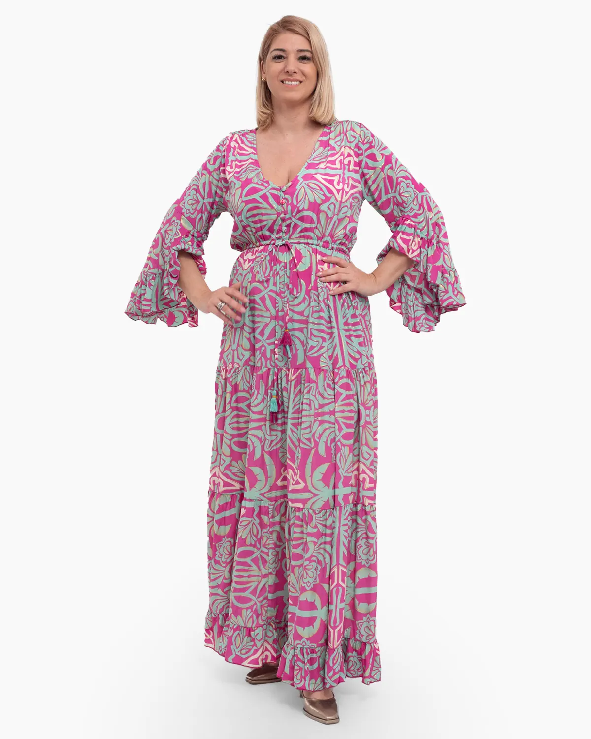 Rochii din Mătase - Rochie lungă roz din mătase indiană cu imprimeu floral