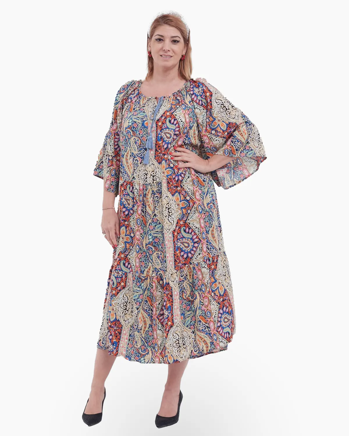 Rochii - Rochie lungă roz stil boho cu decolteu pătrat, volane și imprimeu mandala