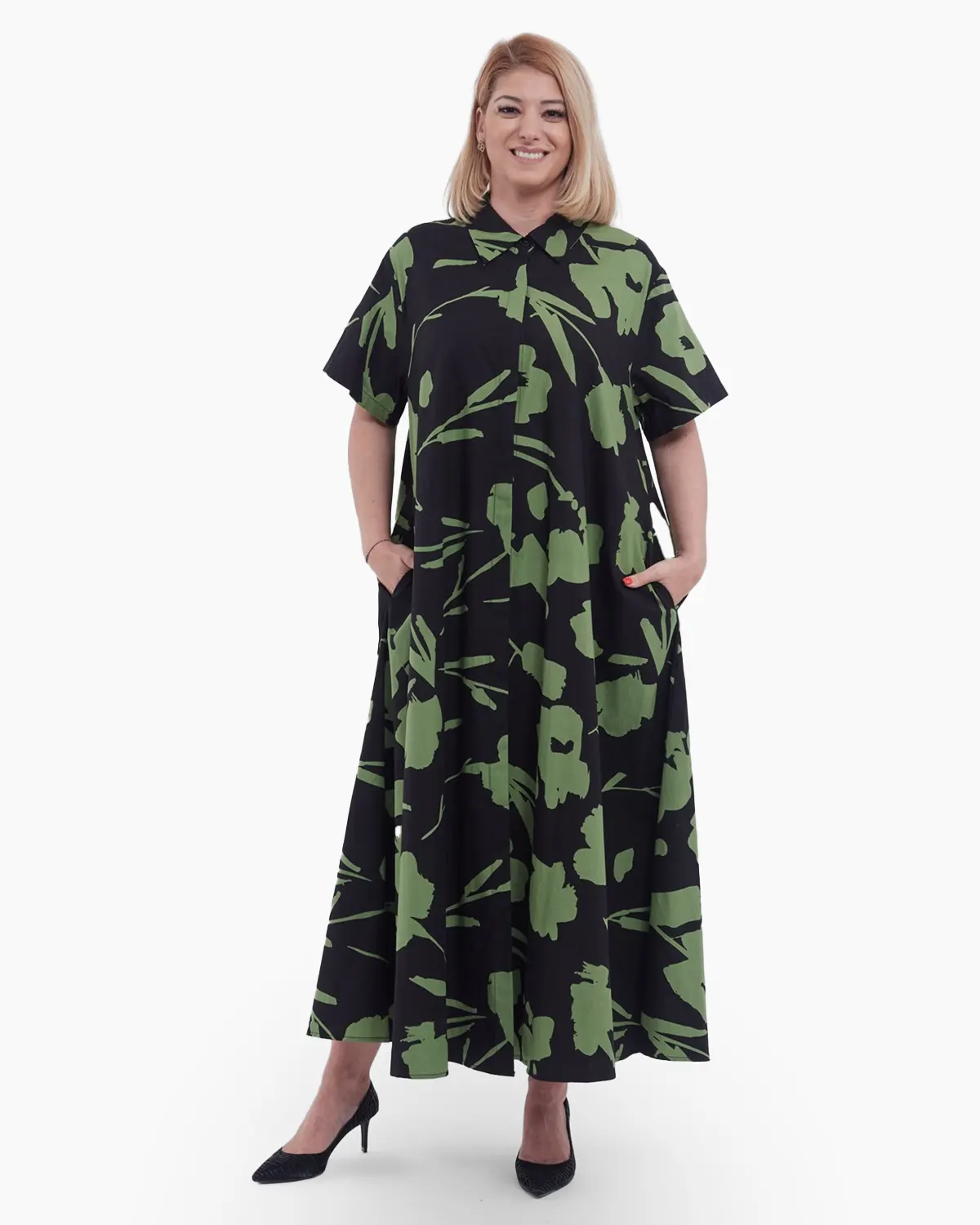 Haine damă - Rochie lunga stil camasa din bumbac premium cu imprimeu floral delicat, croiala A-line lejera, ideala pentru un look casual elegant, verde olive