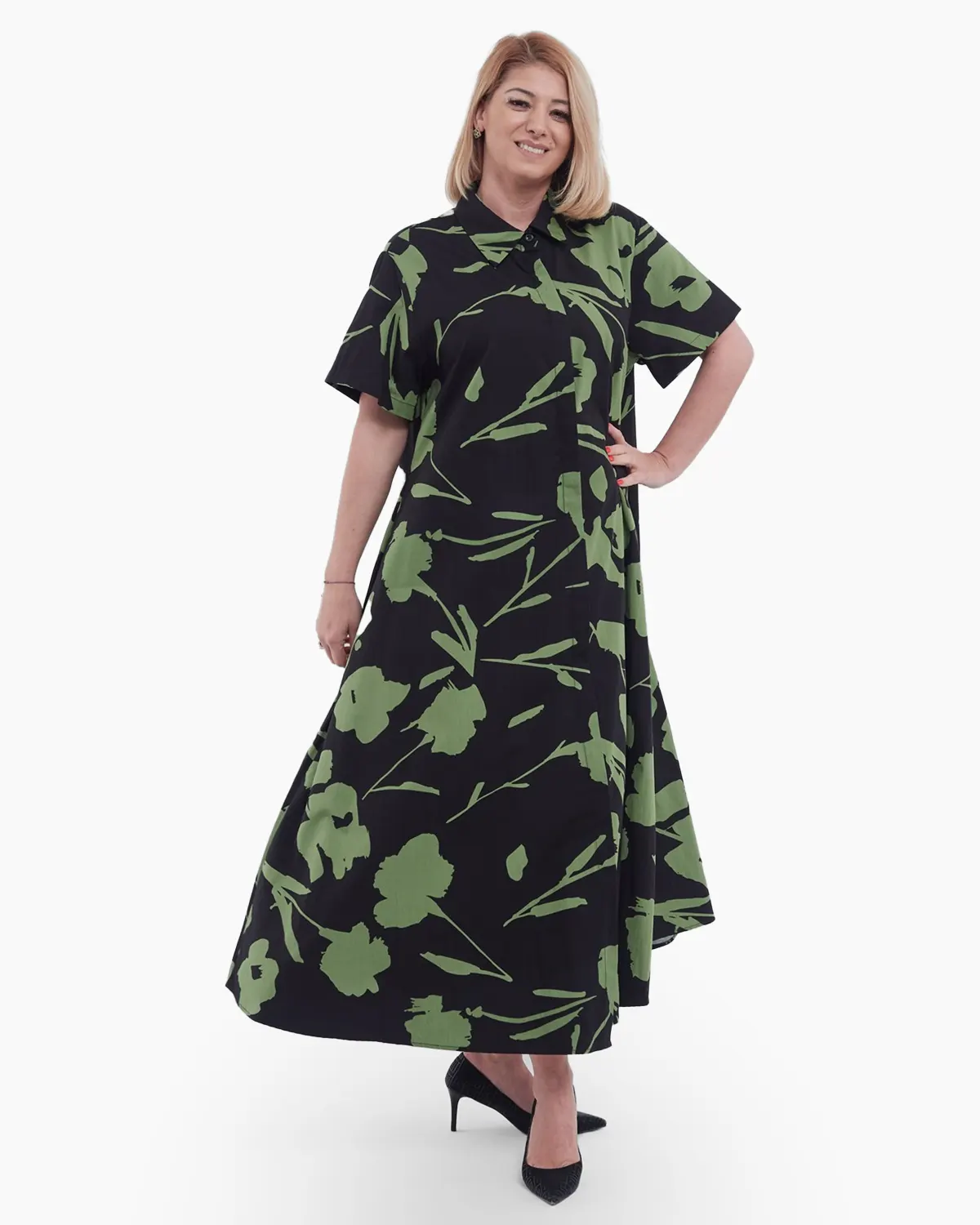 Rochie lunga stil camasa din bumbac premium cu imprimeu floral delicat, croiala A-line lejera, ideala pentru un look casual elegant, verde olive [3]