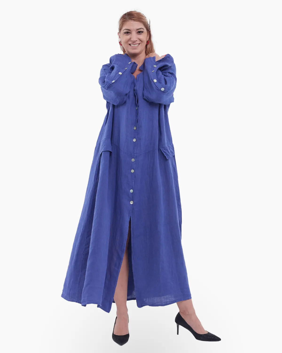 Rochii din In - Rochie lunga tip camasa din in cu nasturi, indigo breeze