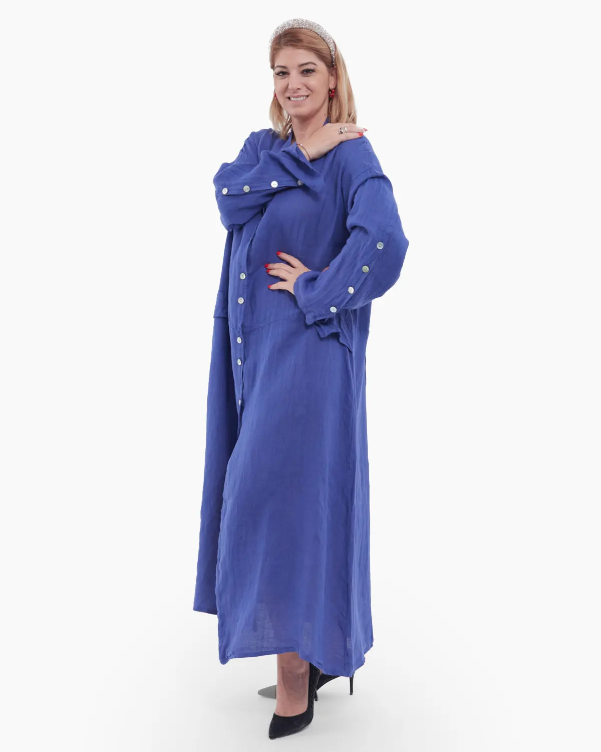 Rochie lunga tip camasa din in cu nasturi, indigo breeze [1]