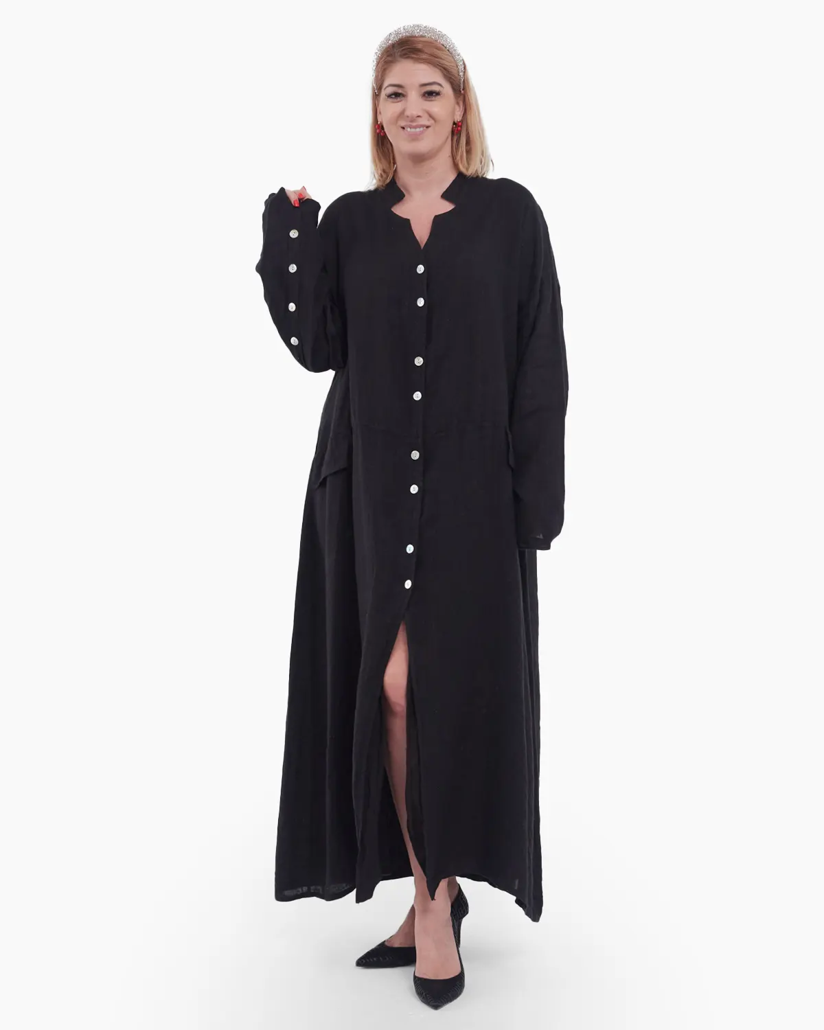 Îmbrăcăminte Damă - Rochie lunga tip camasa din in cu nasturi, neagra