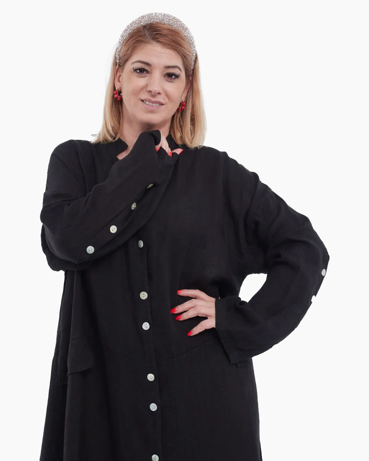 Rochie lunga tip camasa din in cu nasturi, neagra [1]