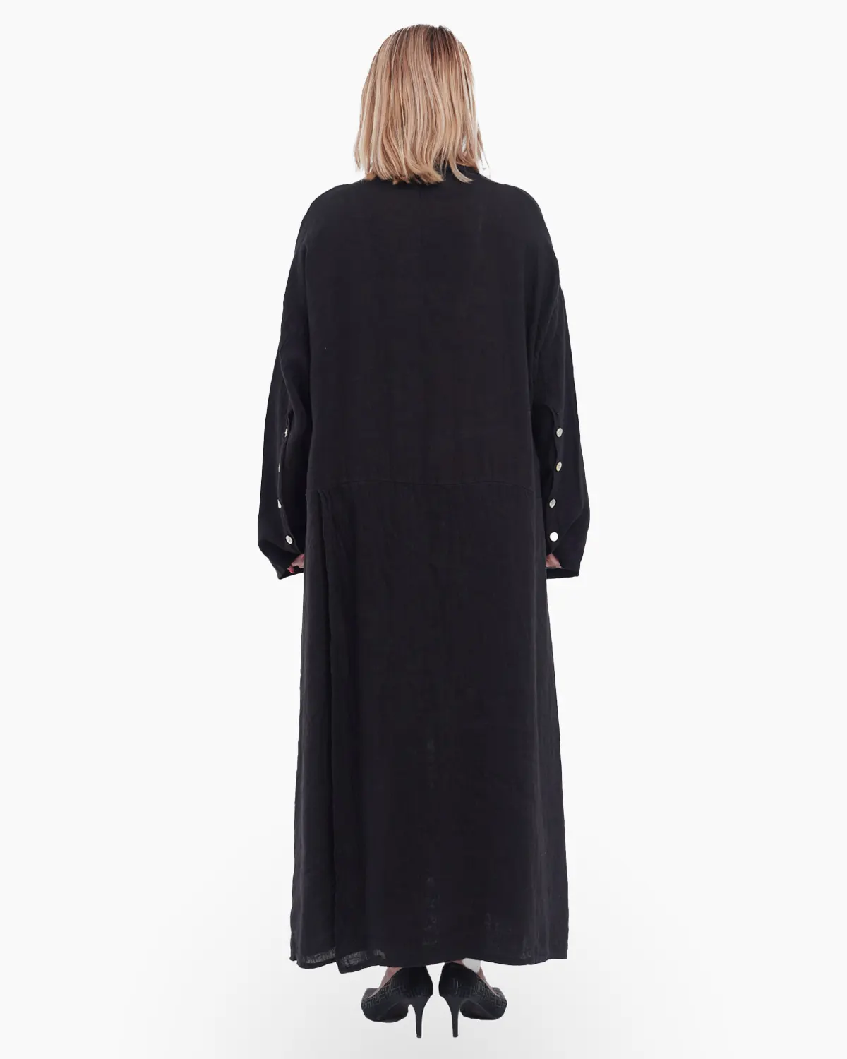 Rochie lunga tip camasa din in cu nasturi, neagra [3]