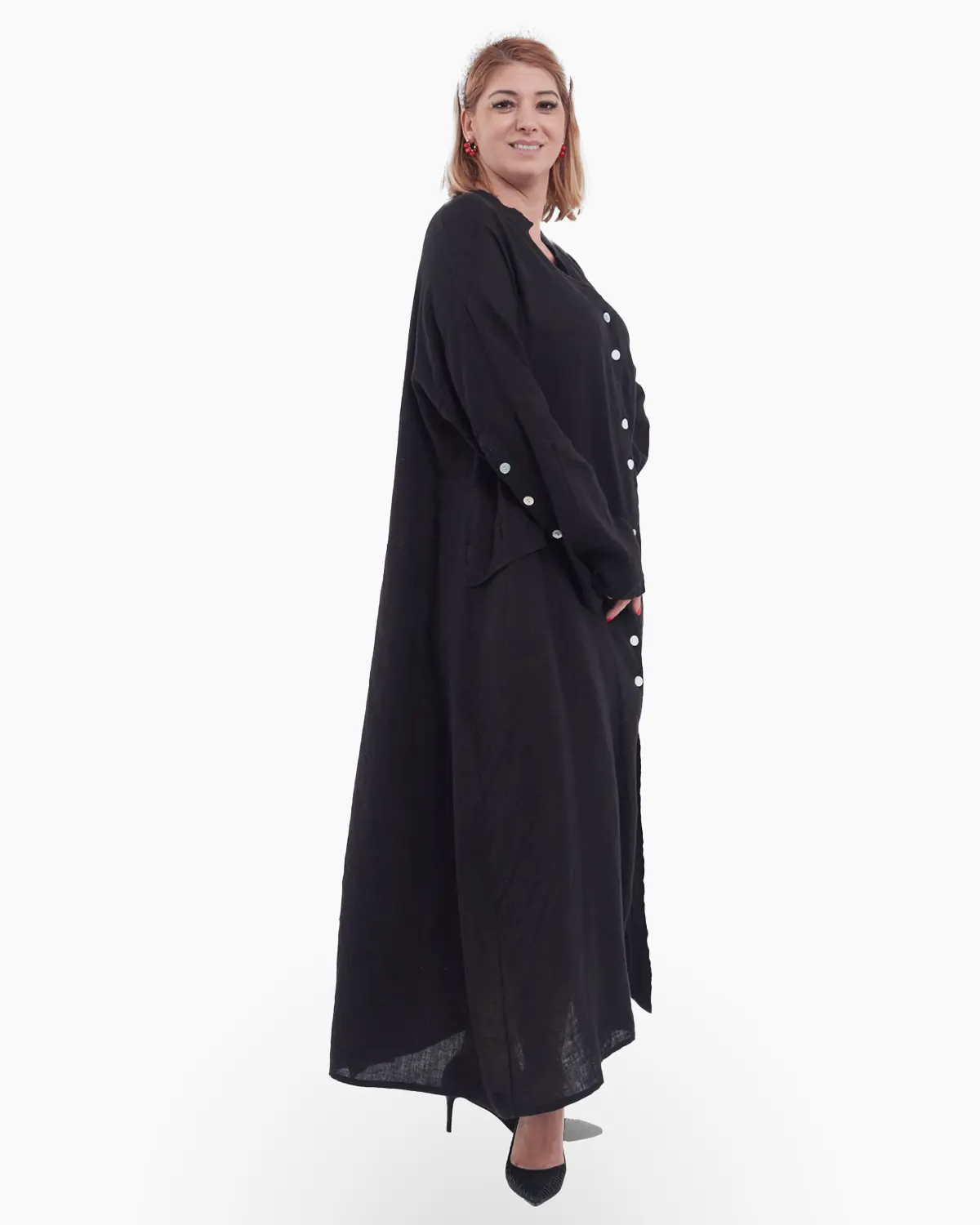Rochie lunga tip camasa din in cu nasturi, neagra [2]
