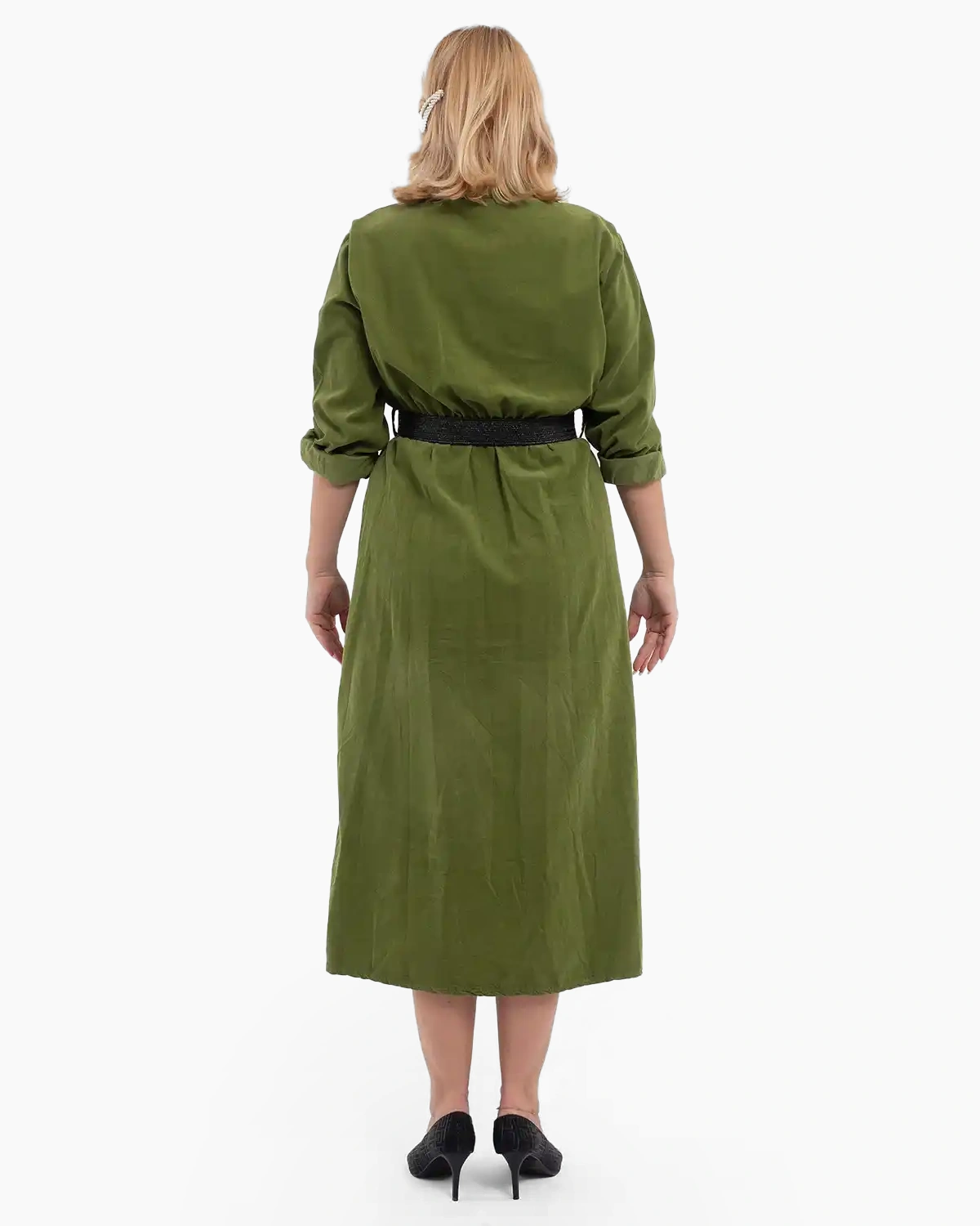 Rochie lungă tip cămașă din raiat cu curea elastică, verde [1]