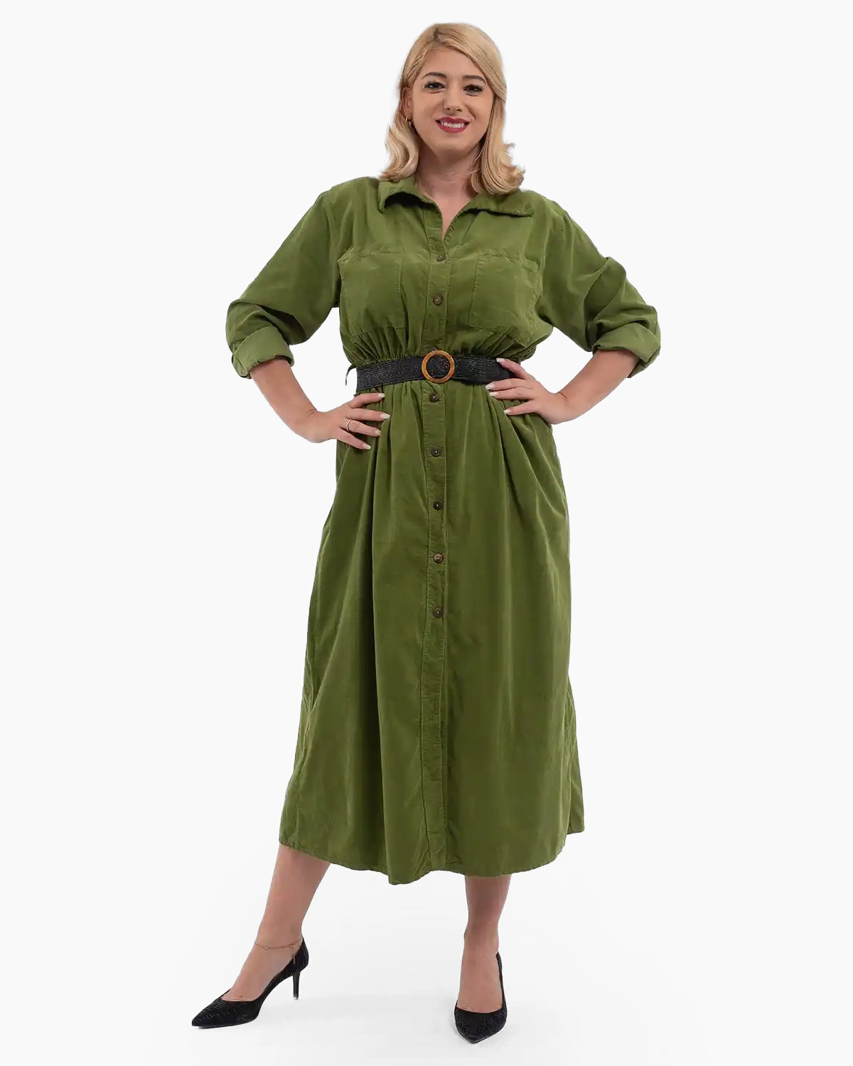 Rochii la Promoție - Rochie lungă tip cămașă din raiat cu curea elastică, verde